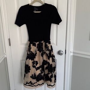 Elegant Black with Beige & Black Floral Skirt Dress